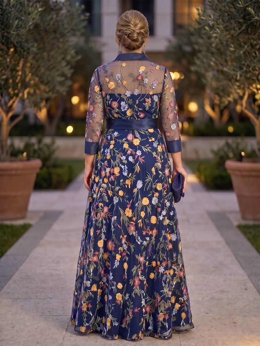 Plus Size Lace Embroidery A-Line/Princess V-Neck Maxi Mother of the Bride & Groom Dresses with Belt & Slit