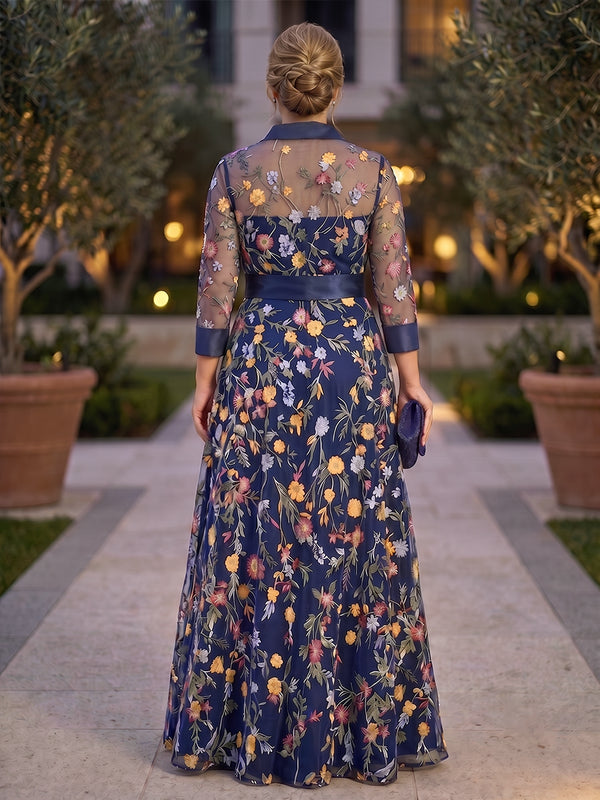Plus Size Lace Embroidery A-Line/Princess V-Neck Maxi Mother of the Bride & Groom Dresses with Belt & Slit