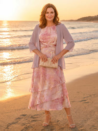 Plus Size Floral Print A-Line/Princess Scoop Neck Tea-Length Mother of the Bride & Groom Dresses with Tiered Layers & Ruched Waist
