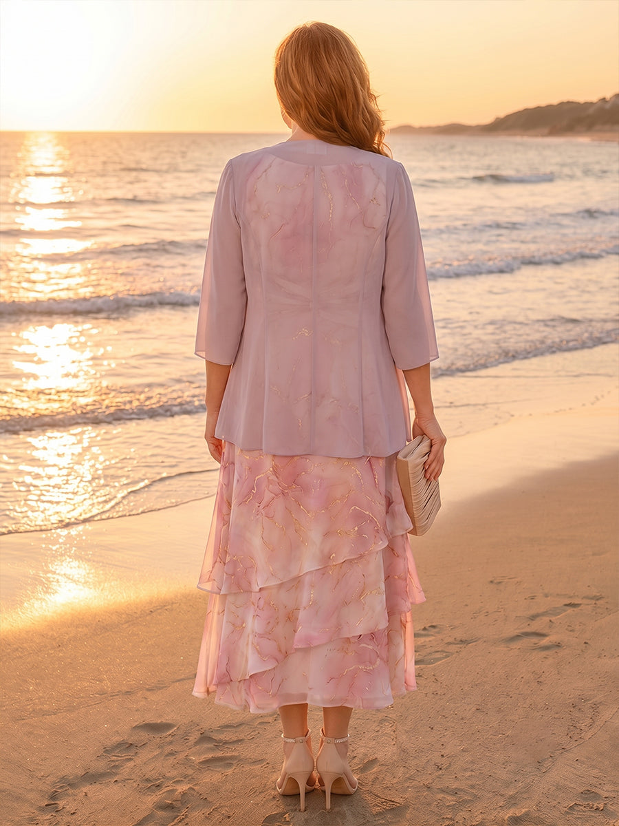 Plus Size Floral Print A-Line/Princess Scoop Neck Tea-Length Mother of the Bride & Groom Dresses with Tiered Layers & Ruched Waist