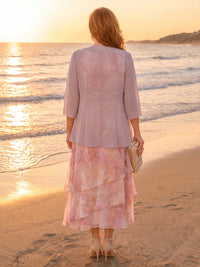 Plus Size Floral Print A-Line/Princess Scoop Neck Tea-Length Mother of the Bride & Groom Dresses with Tiered Layers & Ruched Waist