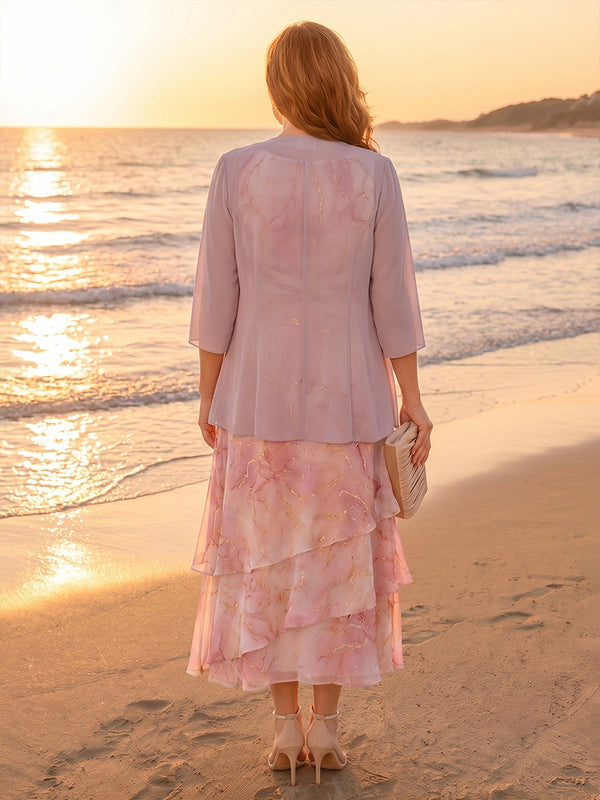 Plus Size Floral Print A-Line/Princess Scoop Neck Tea-Length Mother of the Bride & Groom Dresses with Tiered Layers & Ruched Waist
