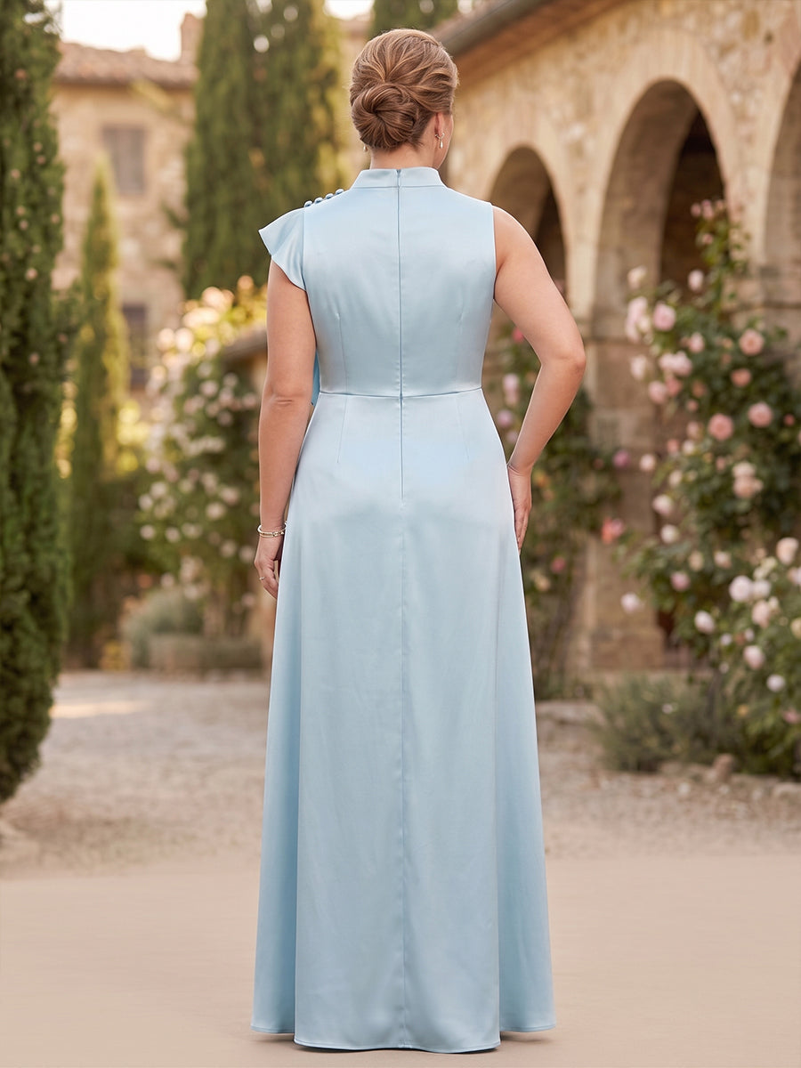 Plus Size Satin A-Line/Princess High Neck Floor-Length Mother of the Bride & Groom Dresses with Ruffles