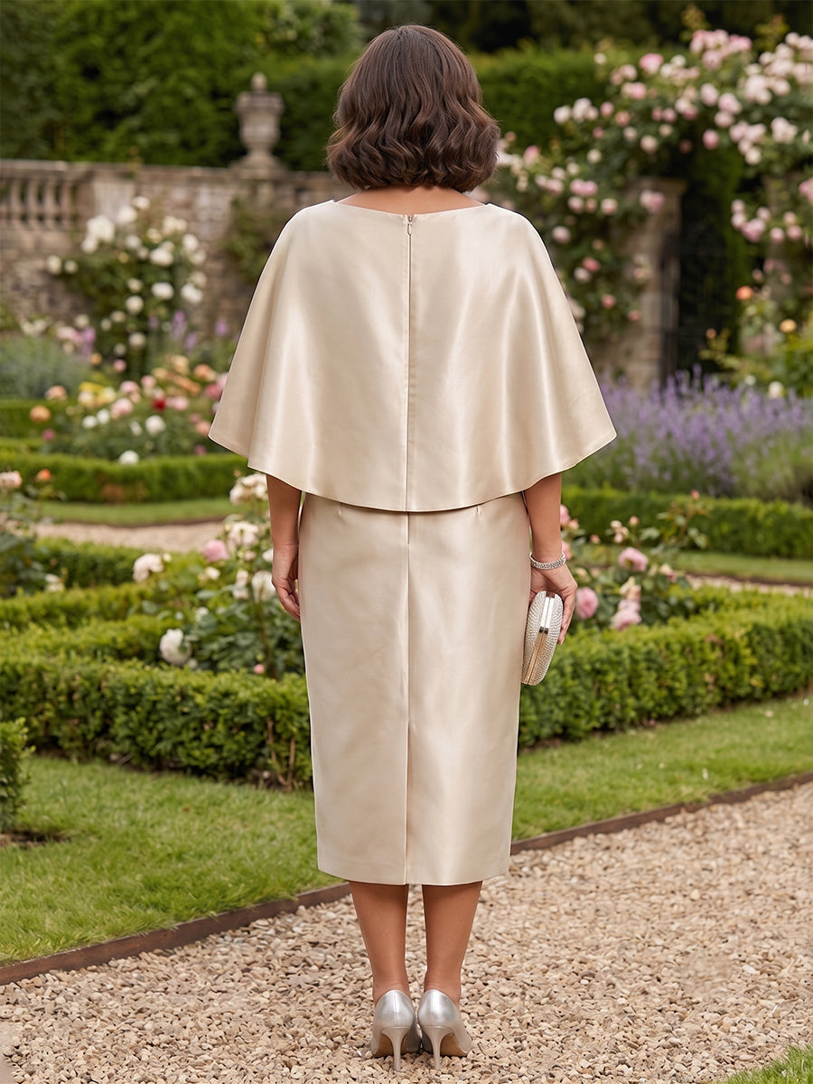 Plus Size Satin Sheath/Column Scoop Neck Tea-Length Mother of the Bride & Groom Dresses with Ruched Waist