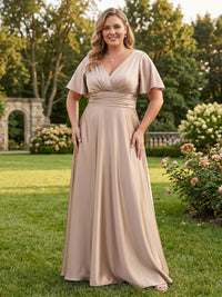 Plus Size Satin A-Line/Princess V-Neck Floor-Length Mother of the Bride & Groom Dresses with Ruched Waist
