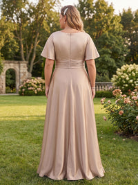 Plus Size Satin A-Line/Princess V-Neck Floor-Length Mother of the Bride & Groom Dresses with Ruched Waist