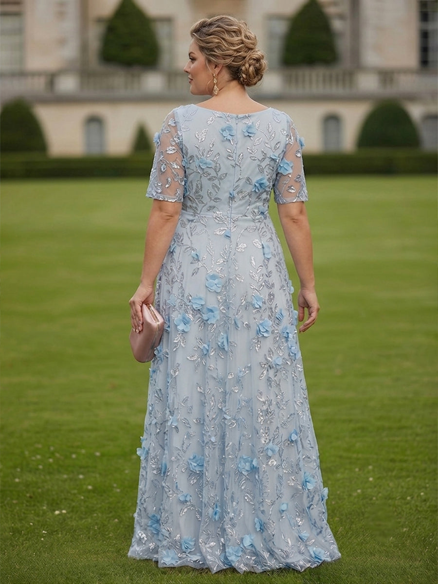 Plus Size Sequin Floral A-Line/Princess V-Neck Floor-Length Mother of the Bride & Groom Dresses with 3D Flowers