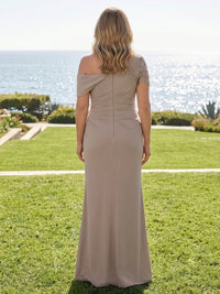 Plus Size Satin Sheath/Column Off Shoulder Floor-Length Mother of the Bride & Groom Dresses with Ruffles & Slit