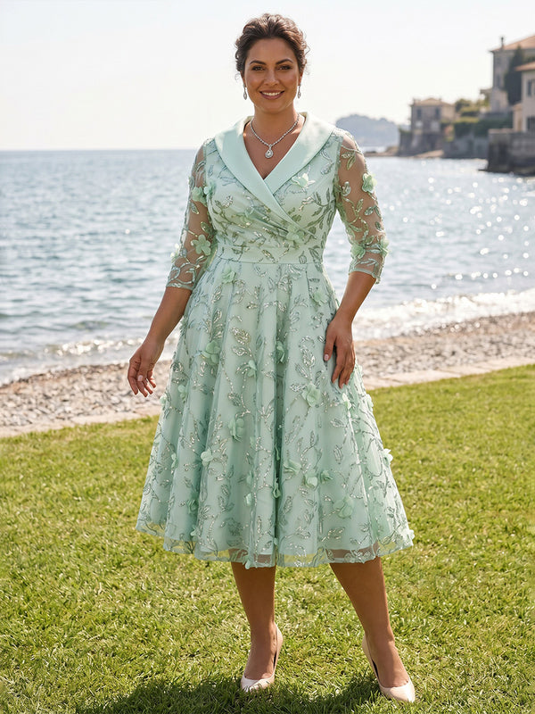 Plus Size Sequin Floral A-Line/Princess V-Neck Tea-Length Mother of the Bride & Groom Dresses with 3D Flowers