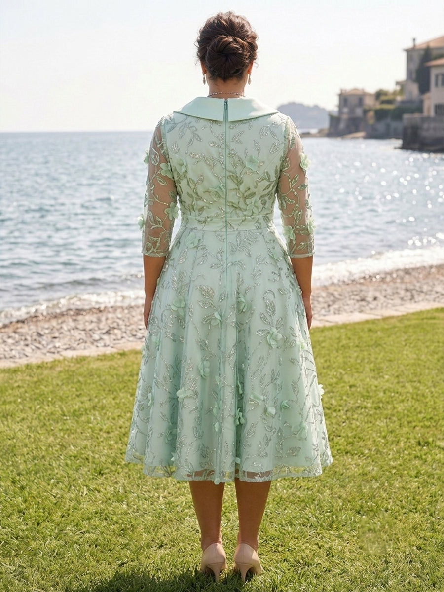 Plus Size Sequin Floral A-Line/Princess V-Neck Tea-Length Mother of the Bride & Groom Dresses with 3D Flowers