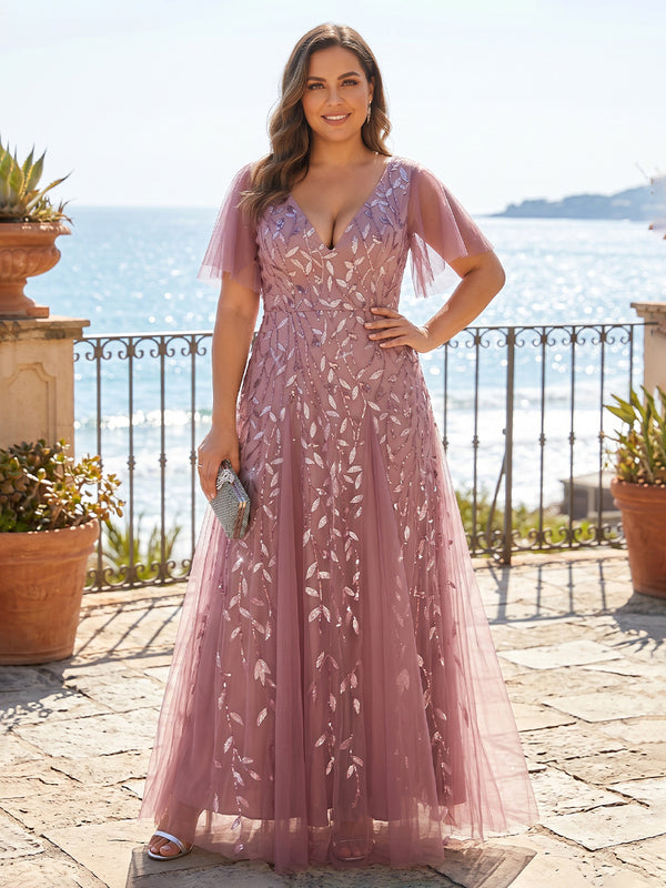 Plus Size Sequin Floral A-Line/Princess V-Neck Floor-Length Mother of the Bride & Groom Dresses with Pleats
