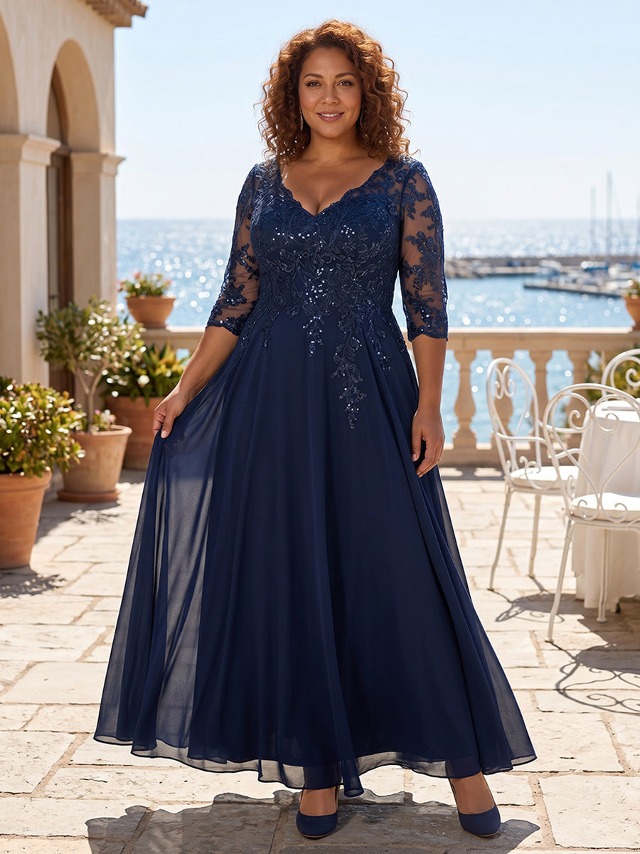 Plus Size Chiffon A-Line/Princess V-Neck Floor-Length Mother of the Bride & Groom Dresses with Lace Appliques