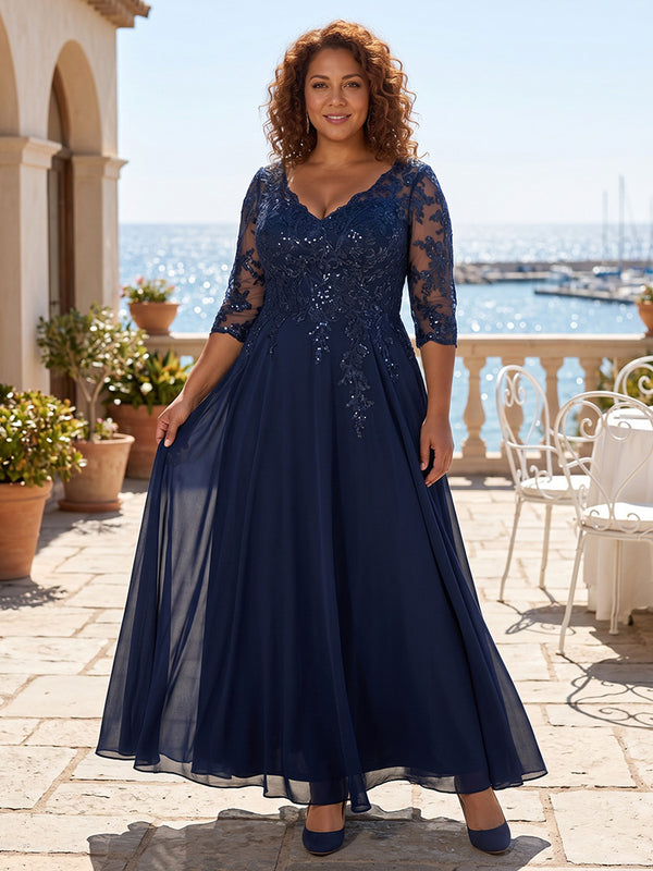 Plus Size Chiffon A-Line/Princess V-Neck Floor-Length Mother of the Bride & Groom Dresses with Lace Appliques