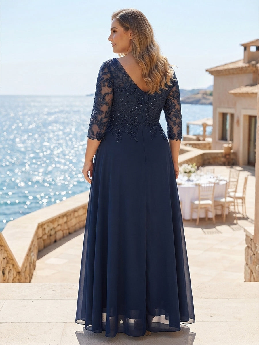 Plus Size Chiffon A-Line/Princess V-Neck Floor-Length Mother of the Bride & Groom Dresses with Lace Appliques & Pleats