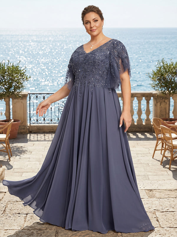 Plus Size Chiffon A-Line/Princess V-Neck Floor-Length Mother of the Bride & Groom Dresses with Lace Appliques & Pleats