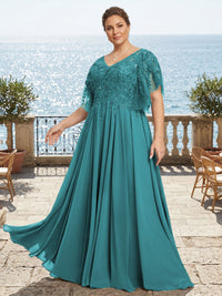 Plus Size Chiffon A-Line/Princess V-Neck Floor-Length Mother of the Bride & Groom Dresses with Lace Appliques & Pleats
