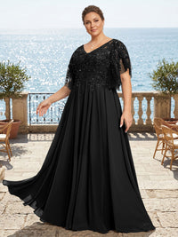 Plus Size Chiffon A-Line/Princess V-Neck Floor-Length Mother of the Bride & Groom Dresses with Lace Appliques & Pleats