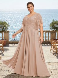 Plus Size Chiffon A-Line/Princess V-Neck Floor-Length Mother of the Bride & Groom Dresses with Lace Appliques & Pleats