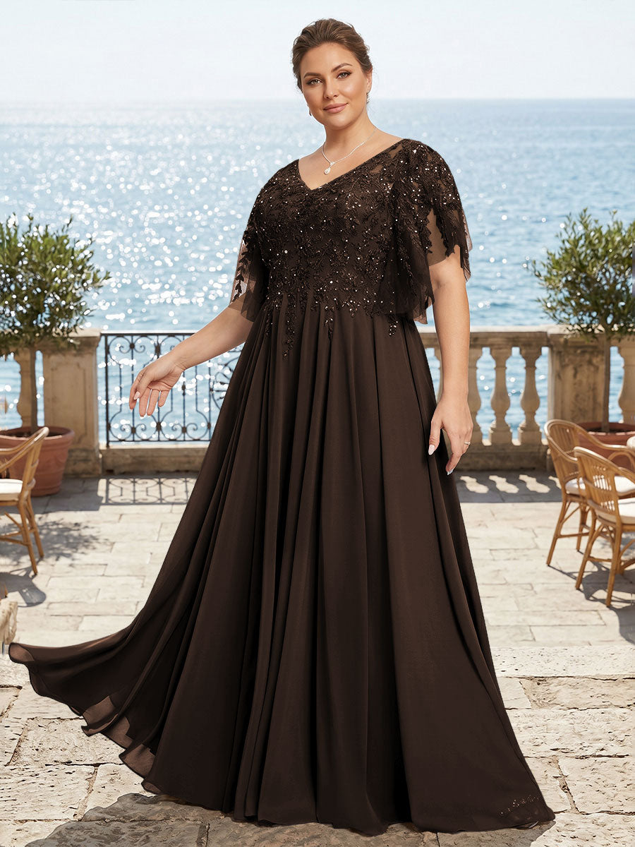 Plus Size Chiffon A-Line/Princess V-Neck Floor-Length Mother of the Bride & Groom Dresses with Lace Appliques & Pleats