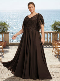 Plus Size Chiffon A-Line/Princess V-Neck Floor-Length Mother of the Bride & Groom Dresses with Lace Appliques & Pleats