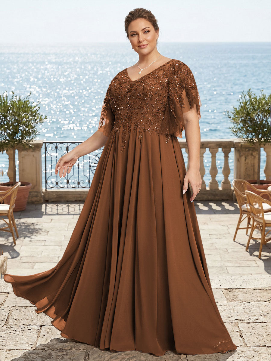 Plus Size Chiffon A-Line/Princess V-Neck Floor-Length Mother of the Bride & Groom Dresses with Lace Appliques & Pleats
