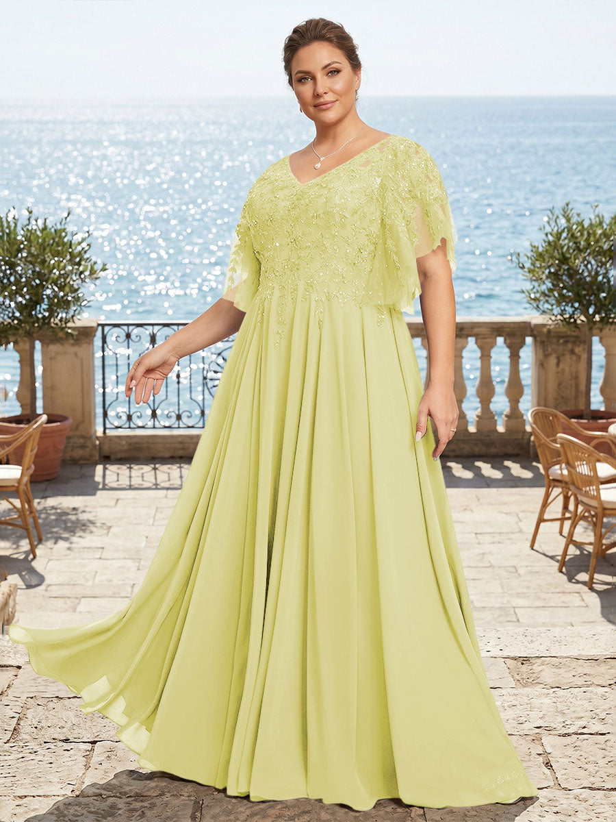Plus Size Chiffon A-Line/Princess V-Neck Floor-Length Mother of the Bride & Groom Dresses with Lace Appliques & Pleats