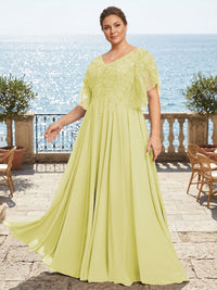 Plus Size Chiffon A-Line/Princess V-Neck Floor-Length Mother of the Bride & Groom Dresses with Lace Appliques & Pleats
