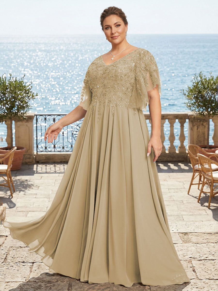 Plus Size Chiffon A-Line/Princess V-Neck Floor-Length Mother of the Bride & Groom Dresses with Lace Appliques & Pleats
