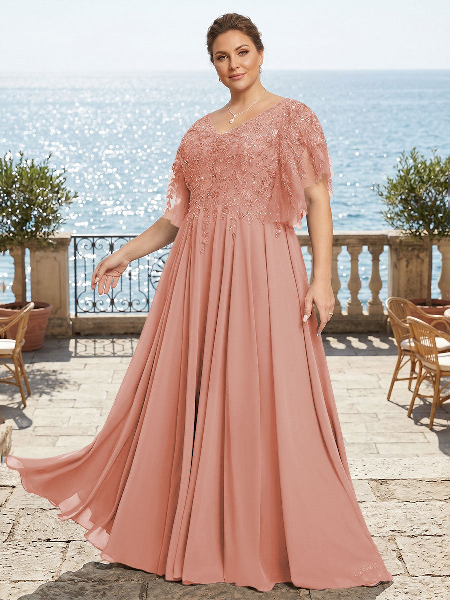 Plus Size Chiffon A-Line/Princess V-Neck Floor-Length Mother of the Bride & Groom Dresses with Lace Appliques & Pleats