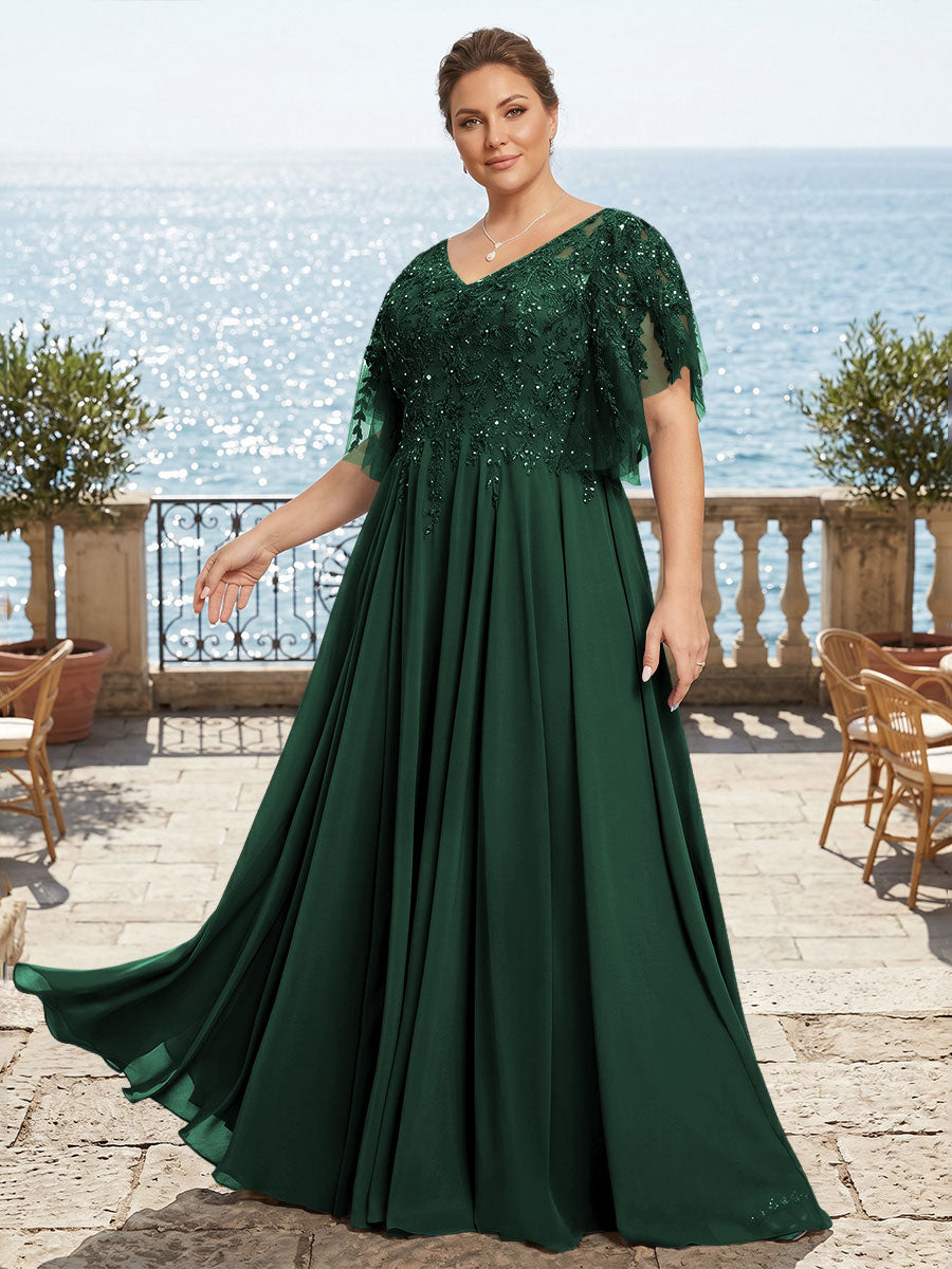 Plus Size Chiffon A-Line/Princess V-Neck Floor-Length Mother of the Bride & Groom Dresses with Lace Appliques & Pleats