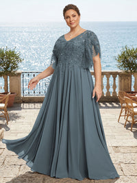 Plus Size Chiffon A-Line/Princess V-Neck Floor-Length Mother of the Bride & Groom Dresses with Lace Appliques & Pleats
