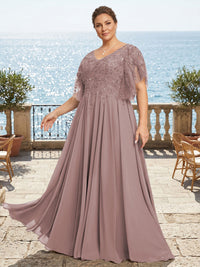 Plus Size Chiffon A-Line/Princess V-Neck Floor-Length Mother of the Bride & Groom Dresses with Lace Appliques & Pleats