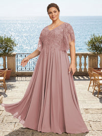 Plus Size Chiffon A-Line/Princess V-Neck Floor-Length Mother of the Bride & Groom Dresses with Lace Appliques & Pleats