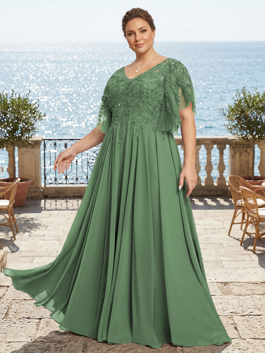Plus Size Chiffon A-Line/Princess V-Neck Floor-Length Mother of the Bride & Groom Dresses with Lace Appliques & Pleats