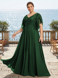 Plus Size Chiffon A-Line/Princess V-Neck Floor-Length Mother of the Bride & Groom Dresses with Lace Appliques & Pleats