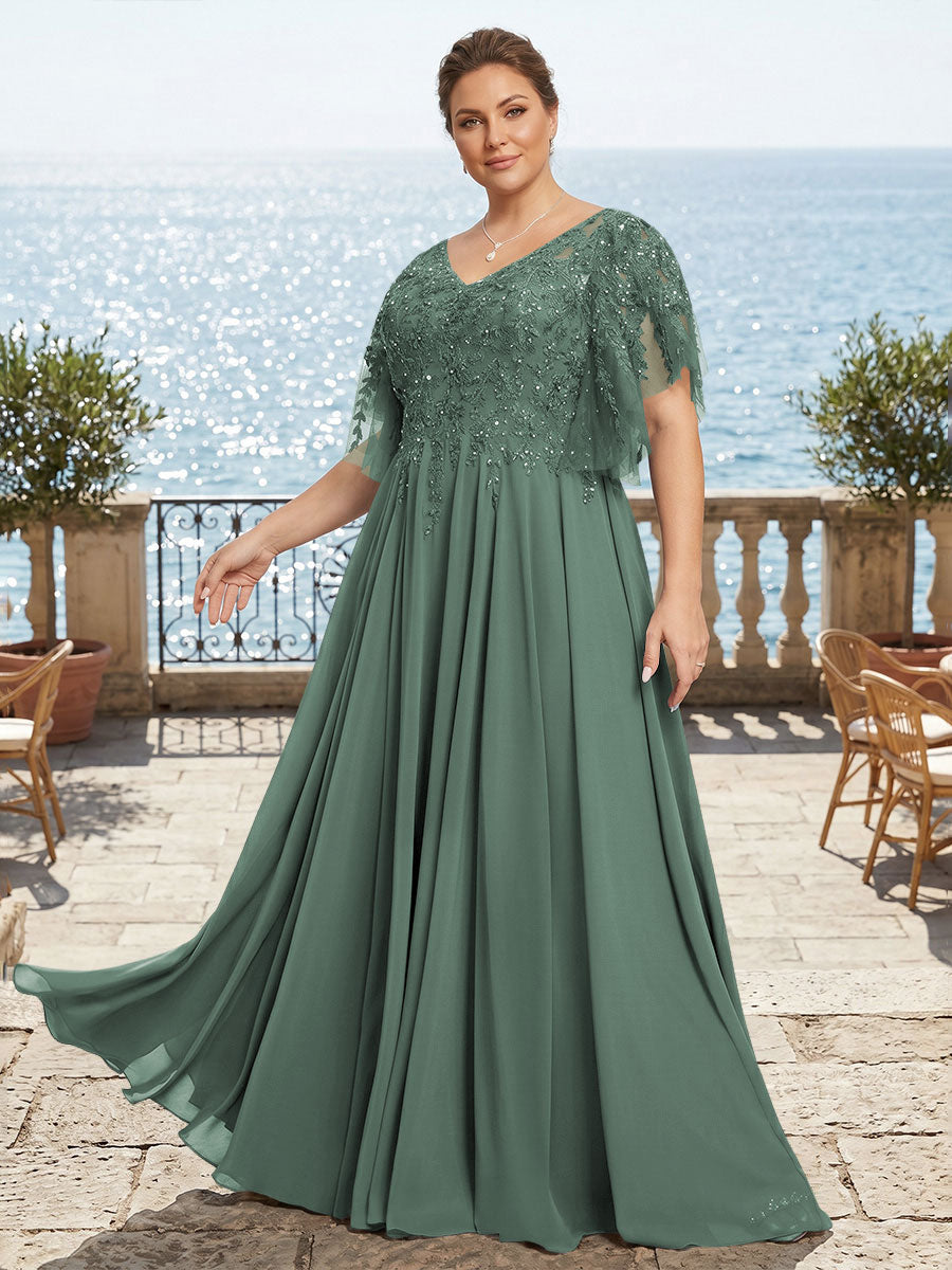 Plus Size Chiffon A-Line/Princess V-Neck Floor-Length Mother of the Bride & Groom Dresses with Lace Appliques & Pleats