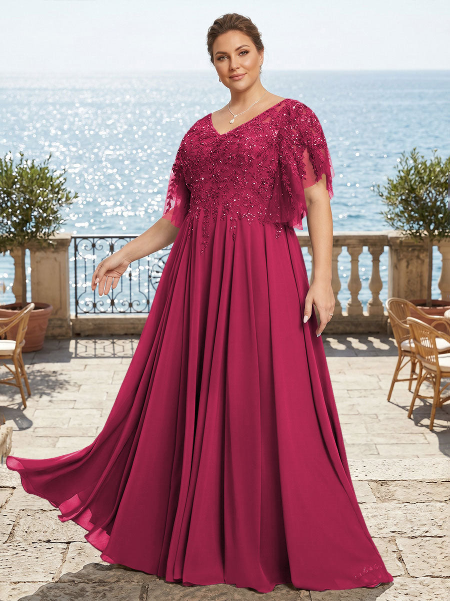 Plus Size Chiffon A-Line/Princess V-Neck Floor-Length Mother of the Bride & Groom Dresses with Lace Appliques & Pleats