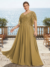 Plus Size Chiffon A-Line/Princess V-Neck Floor-Length Mother of the Bride & Groom Dresses with Lace Appliques & Pleats