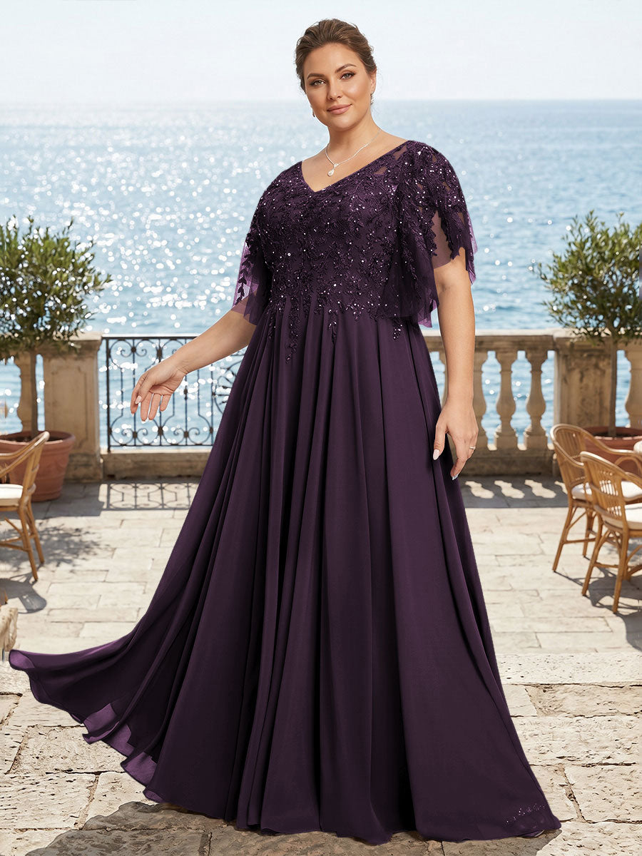 Plus Size Chiffon A-Line/Princess V-Neck Floor-Length Mother of the Bride & Groom Dresses with Lace Appliques & Pleats