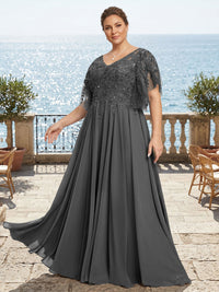 Plus Size Chiffon A-Line/Princess V-Neck Floor-Length Mother of the Bride & Groom Dresses with Lace Appliques & Pleats