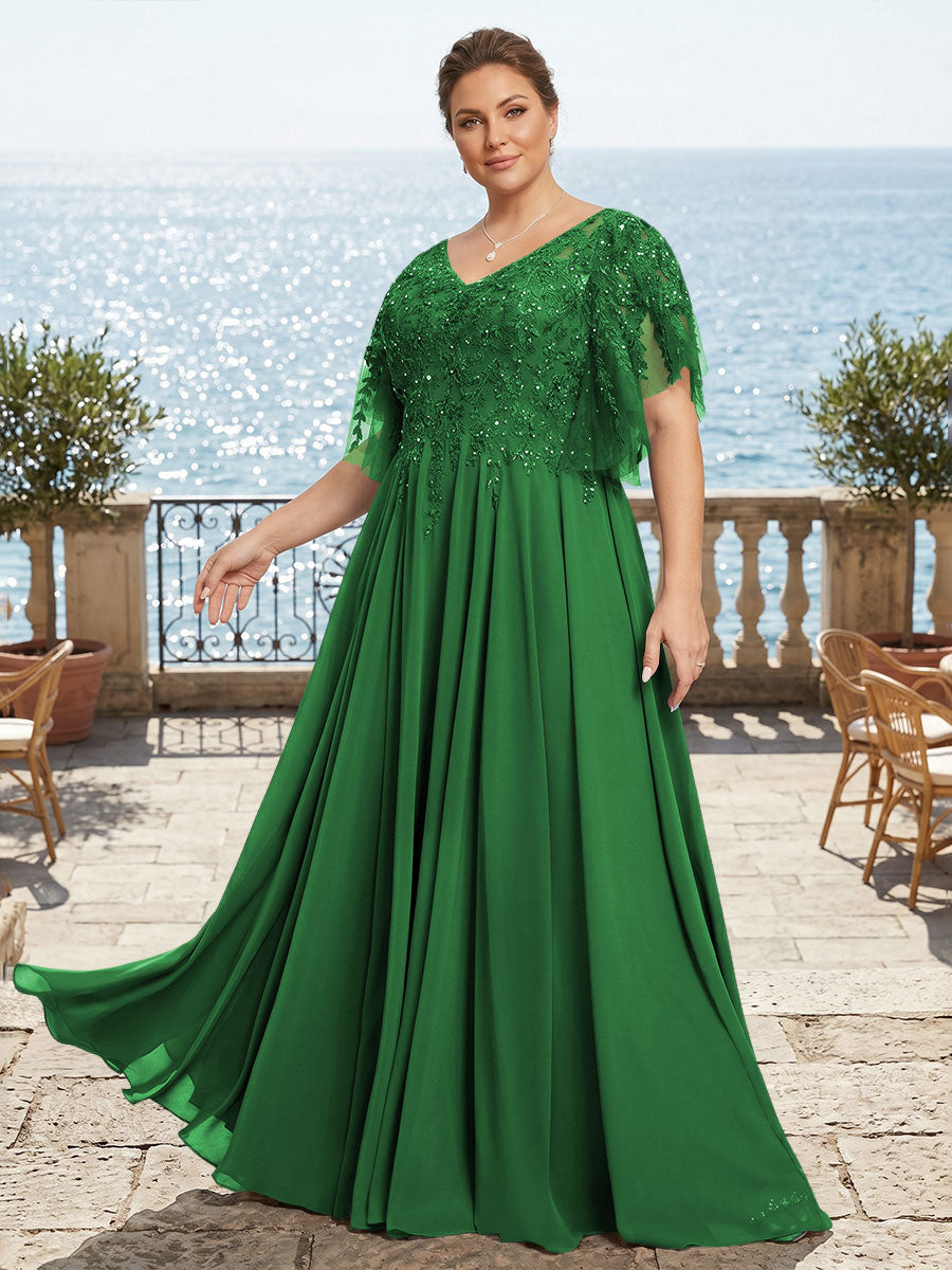 Plus Size Chiffon A-Line/Princess V-Neck Floor-Length Mother of the Bride & Groom Dresses with Lace Appliques & Pleats