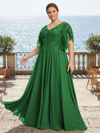 Plus Size Chiffon A-Line/Princess V-Neck Floor-Length Mother of the Bride & Groom Dresses with Lace Appliques & Pleats