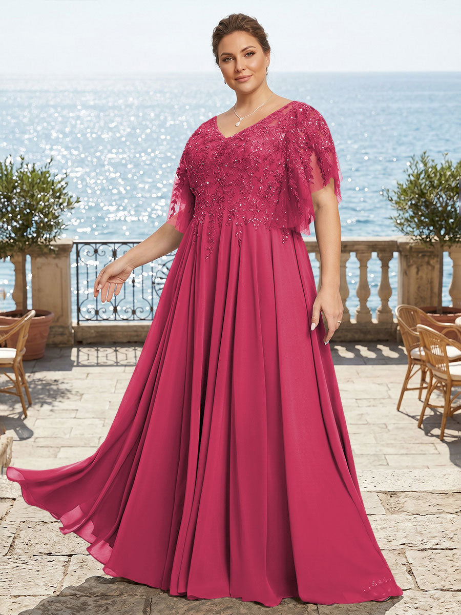 Plus Size Chiffon A-Line/Princess V-Neck Floor-Length Mother of the Bride & Groom Dresses with Lace Appliques & Pleats