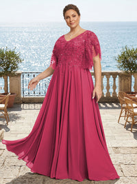 Plus Size Chiffon A-Line/Princess V-Neck Floor-Length Mother of the Bride & Groom Dresses with Lace Appliques & Pleats
