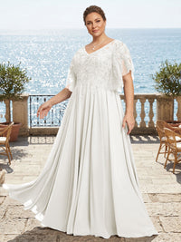 Plus Size Chiffon A-Line/Princess V-Neck Floor-Length Mother of the Bride & Groom Dresses with Lace Appliques & Pleats