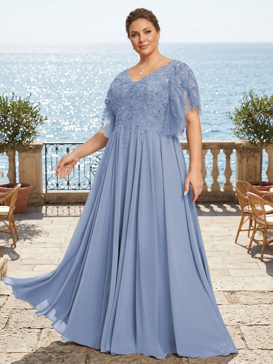 Plus Size Chiffon A-Line/Princess V-Neck Floor-Length Mother of the Bride & Groom Dresses with Lace Appliques & Pleats