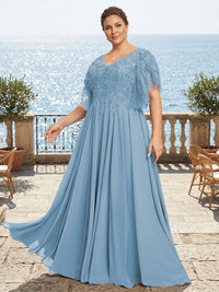 Plus Size Chiffon A-Line/Princess V-Neck Floor-Length Mother of the Bride & Groom Dresses with Lace Appliques & Pleats