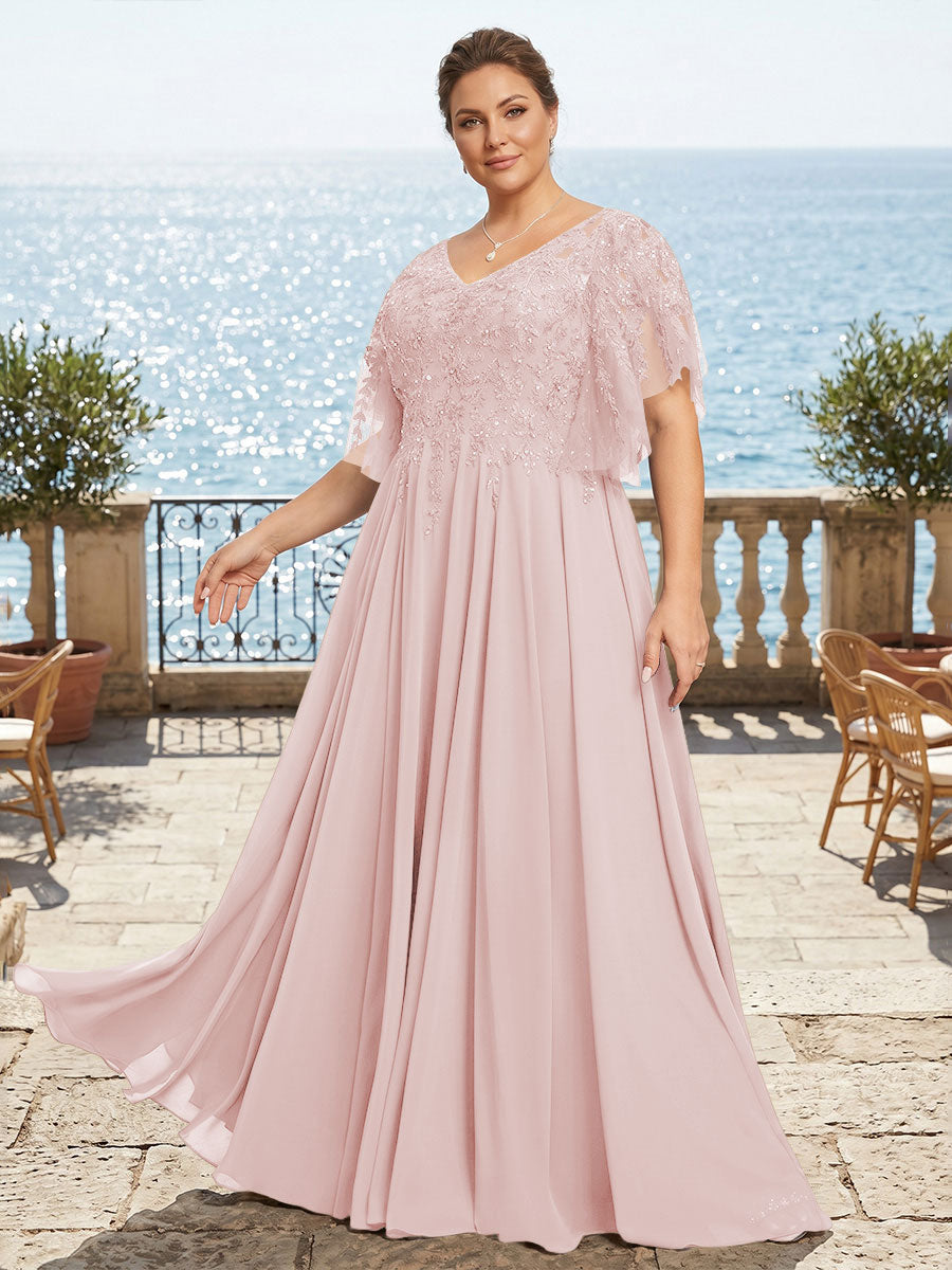 Plus Size Chiffon A-Line/Princess V-Neck Floor-Length Mother of the Bride & Groom Dresses with Lace Appliques & Pleats