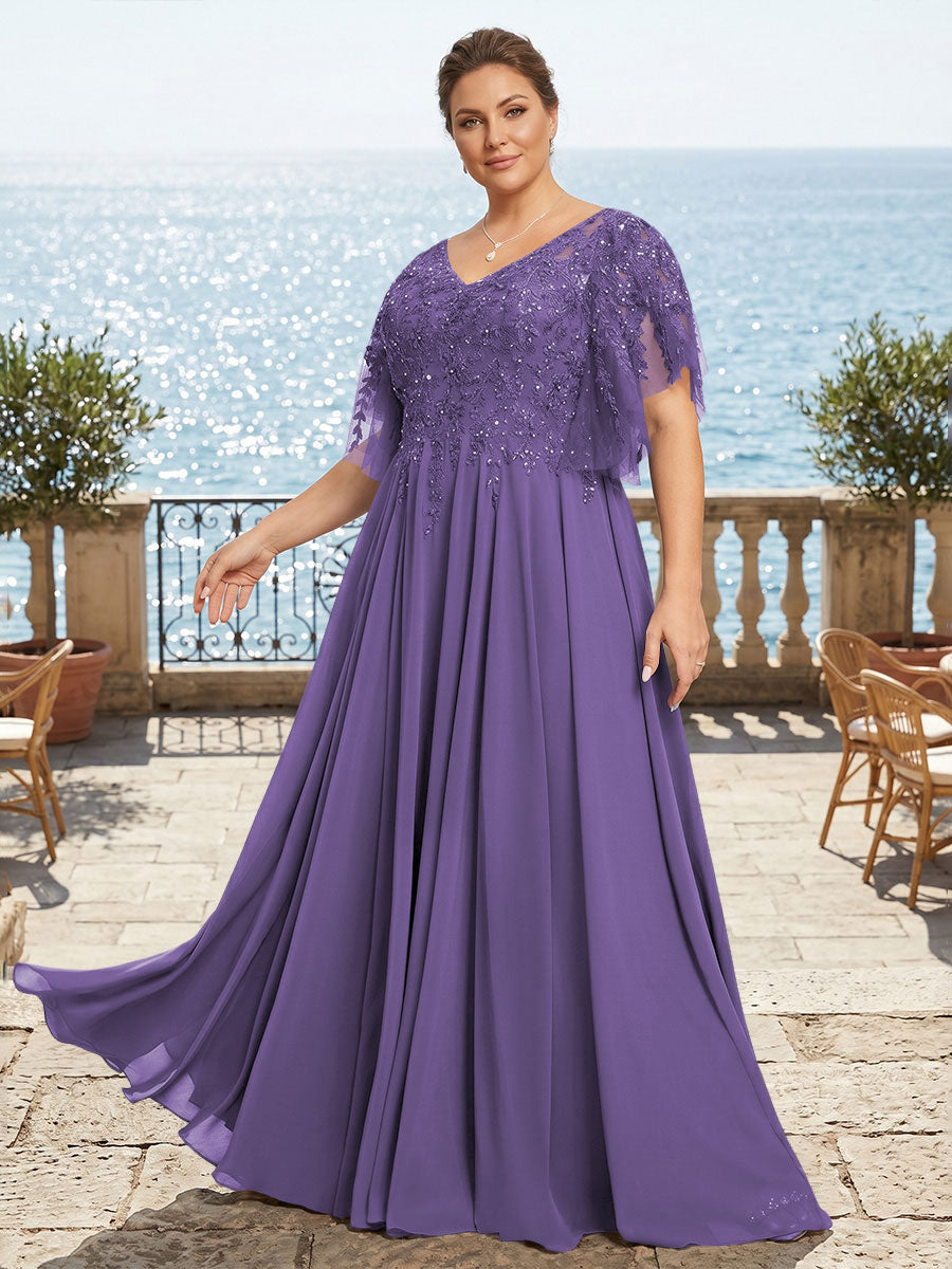 Plus Size Chiffon A-Line/Princess V-Neck Floor-Length Mother of the Bride & Groom Dresses with Lace Appliques & Pleats
