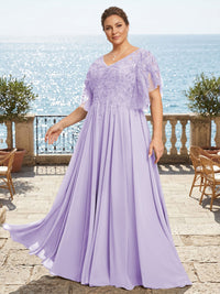 Plus Size Chiffon A-Line/Princess V-Neck Floor-Length Mother of the Bride & Groom Dresses with Lace Appliques & Pleats